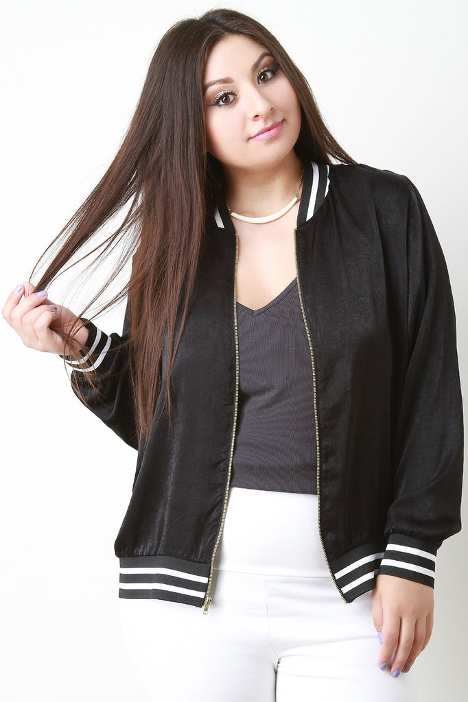 Shine Satin Stripe Trim Bomber Jacket