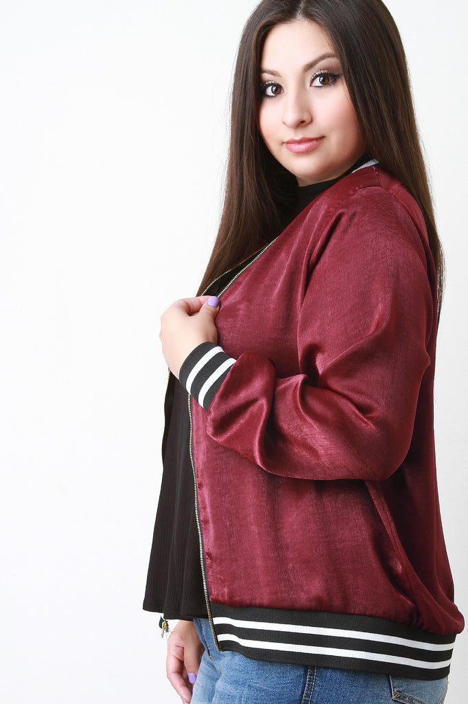 Shine Satin Stripe Trim Bomber Jacket