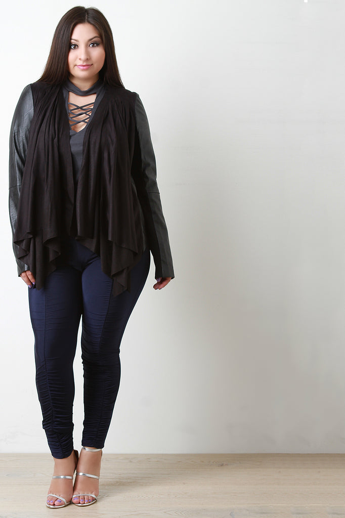 Draped Suede Collarless Leather Jacket