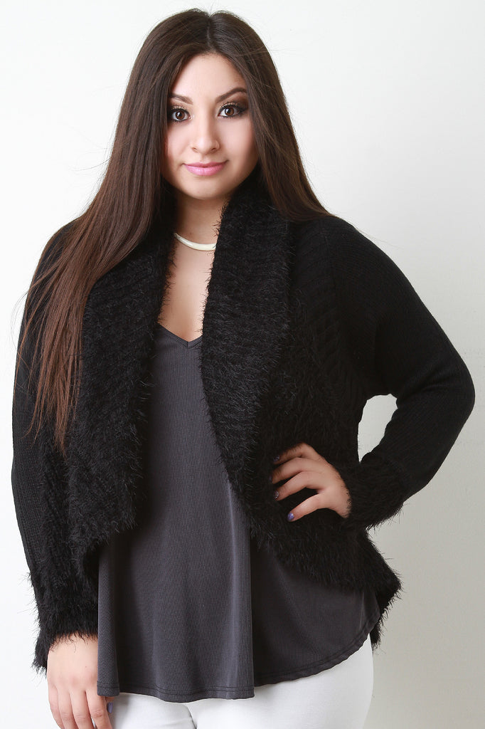 Shearling Trim Open Front Sweater