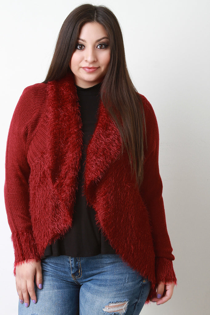 Shearling Trim Open Front Sweater