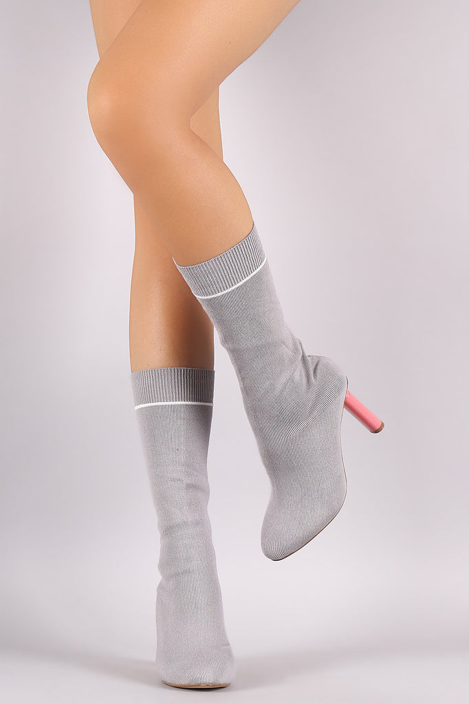 Ribbed Sweater Knit Oval Heeled Mid Calf Boots