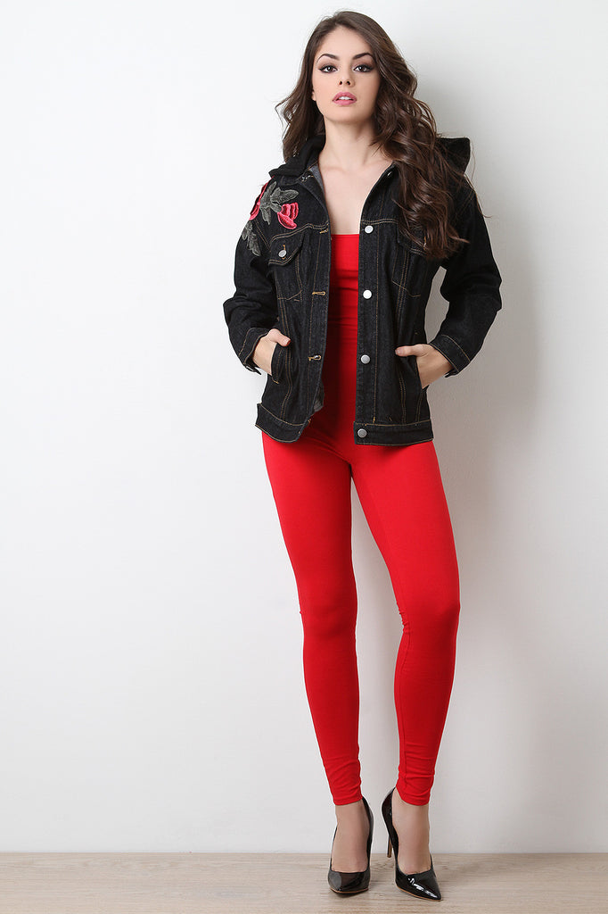 Rose Embroidery Hooded Denim Jacket