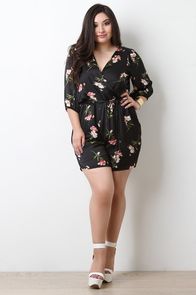 Surplice Self-Tie Belted Floral Satin Romper