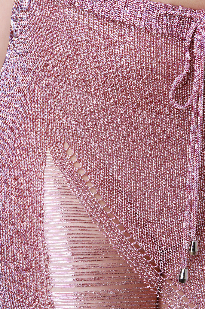 Shredded Semi-Sheer Metallic Loose Knit Mini Skirt