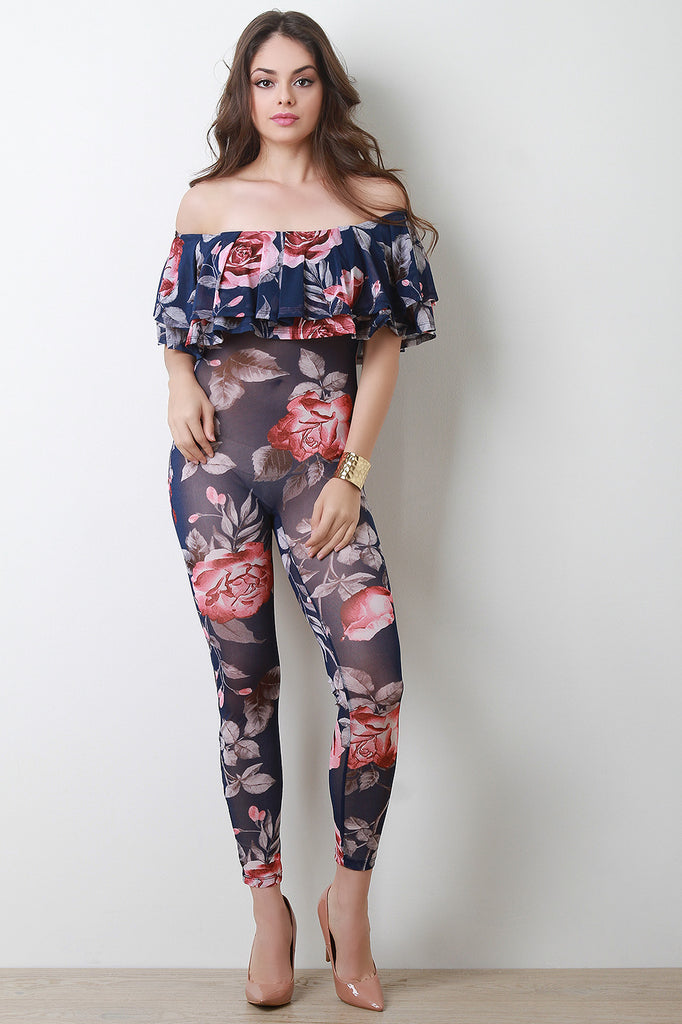 Bardot Tiered Ruffle Semi-Sheer Floral Jumpsuit