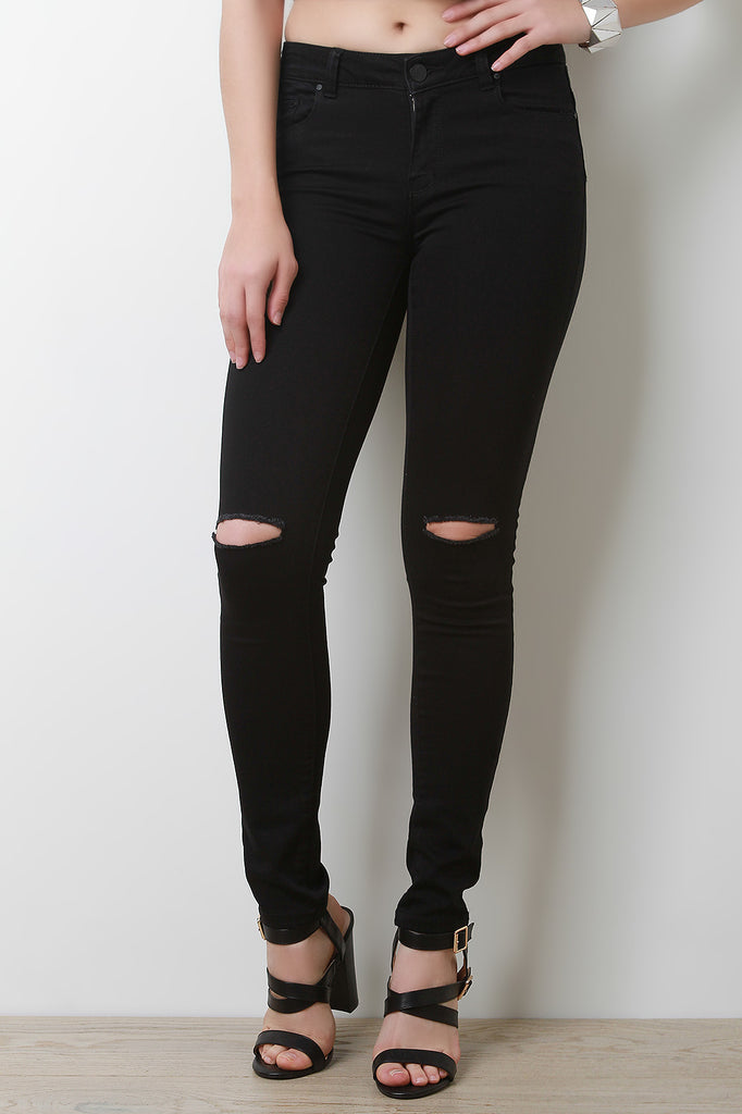 Mid Rise Slit Knees Skinny Jeans