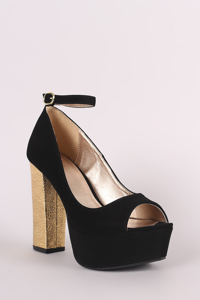 Qupid Metallic Chunky Heeled Ankle Strap Platform Pump