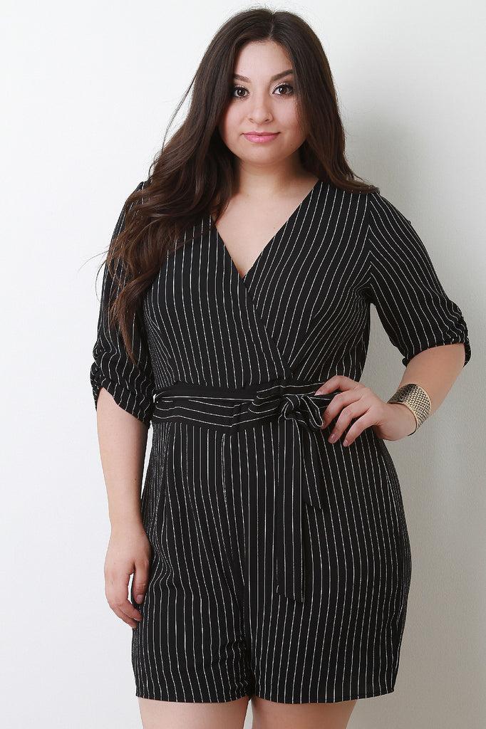 Stripe Surplice Elbow Sleeves Romper