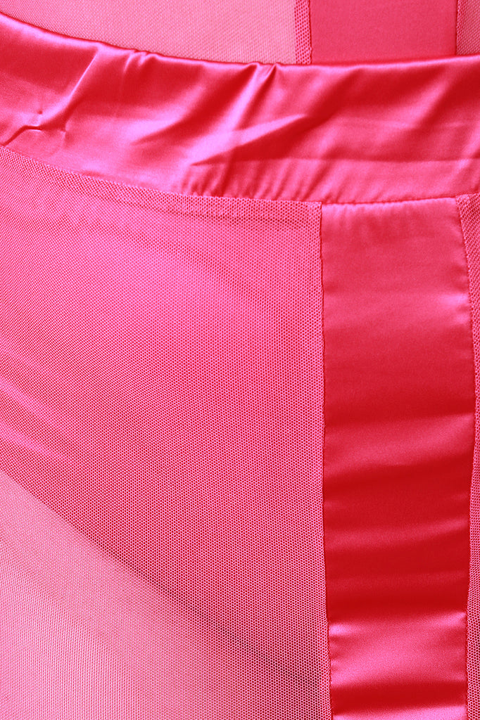 Satin Contrast Sheer Mesh High Waist Skirt