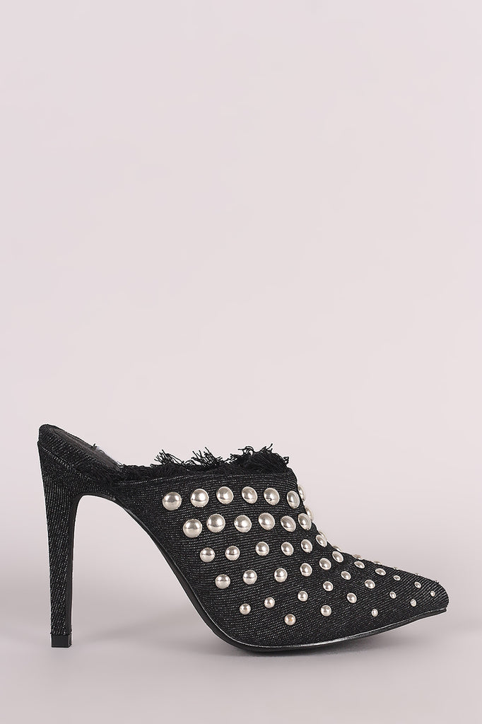 Denim Studded Pointy Toe Fringe Stiletto Mule Heel
