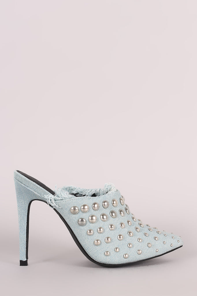 Denim Studded Pointy Toe Fringe Stiletto Mule Heel