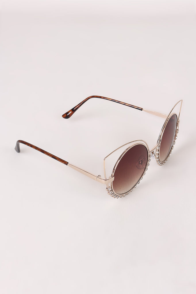 Open Wire Rhinestone Frame Round Cat Eyed Sunglasses