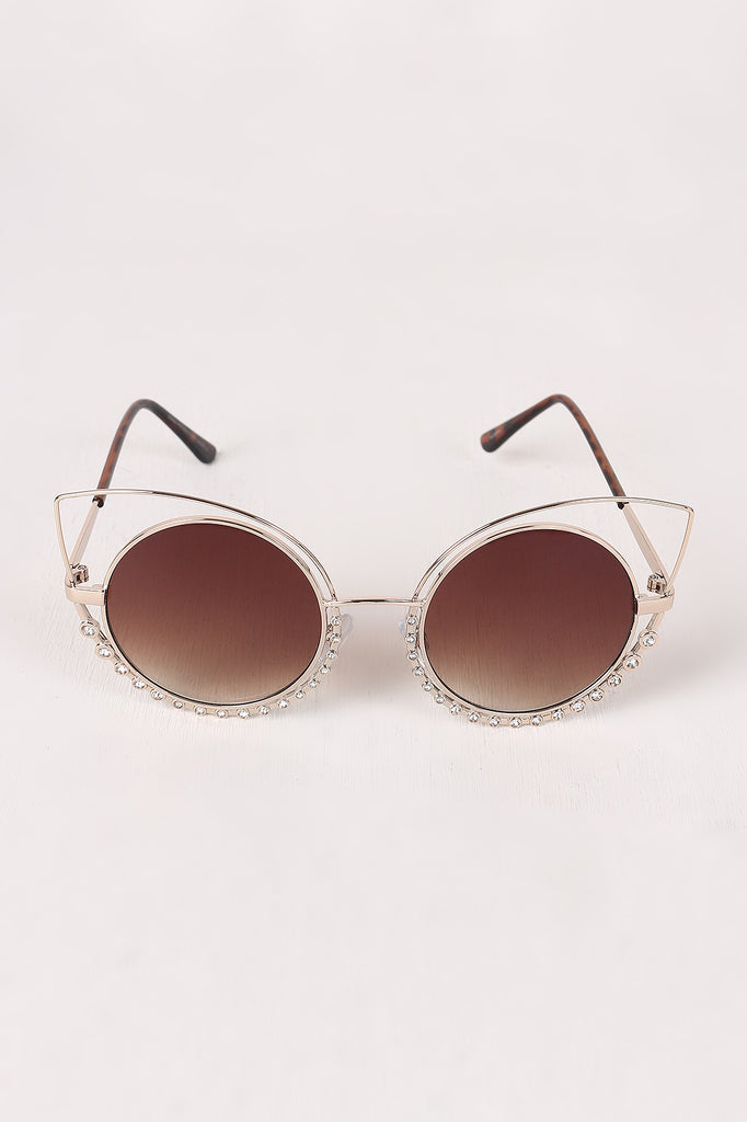Open Wire Rhinestone Frame Round Cat Eyed Sunglasses