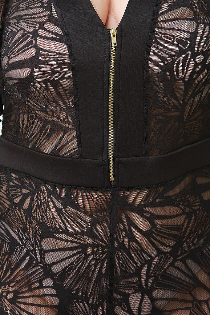 Semi-Sheer Lace Mesh V-Neck Long Sleeve Jumpsuit