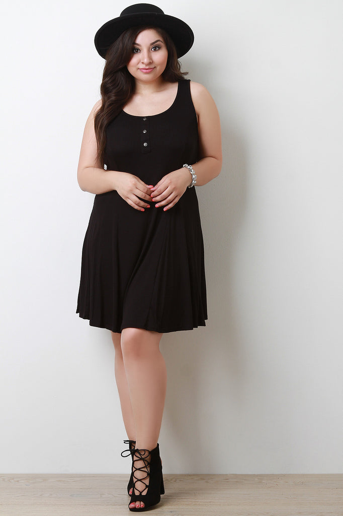 Sleeveless Ribbed Knit Button Decor Shift Dress