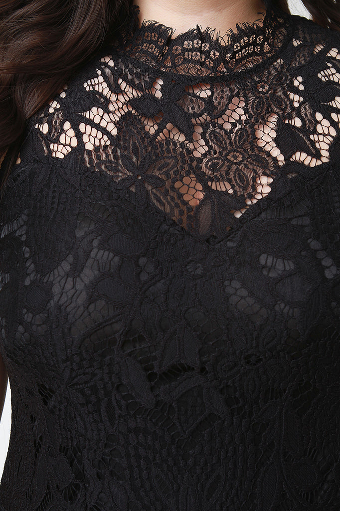 Semi-Sheer Mesh Mock Neck Floral Lace Midi Dress