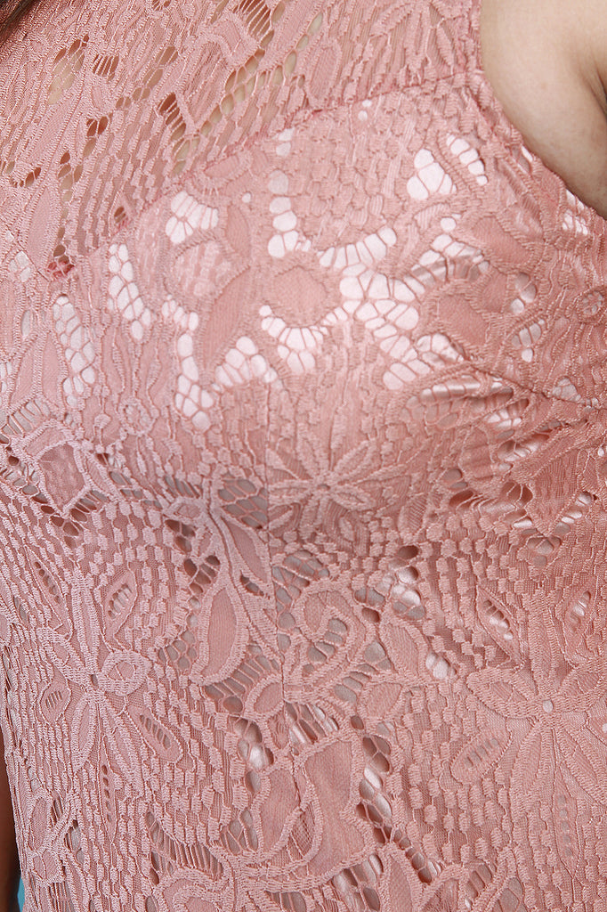 Semi-Sheer Mesh Mock Neck Floral Lace Midi Dress