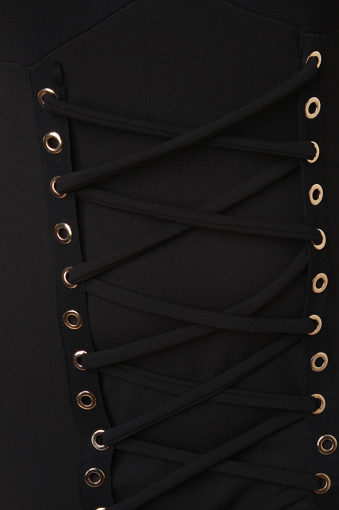 Sweetheart Mesh Front Eyelet Lace-Up Midi Dress