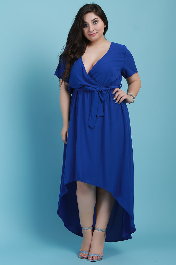 Surplice V-Neck Self-Tie High Low Maxi Dress