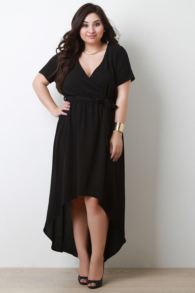 Surplice V-Neck Self-Tie High Low Maxi Dress