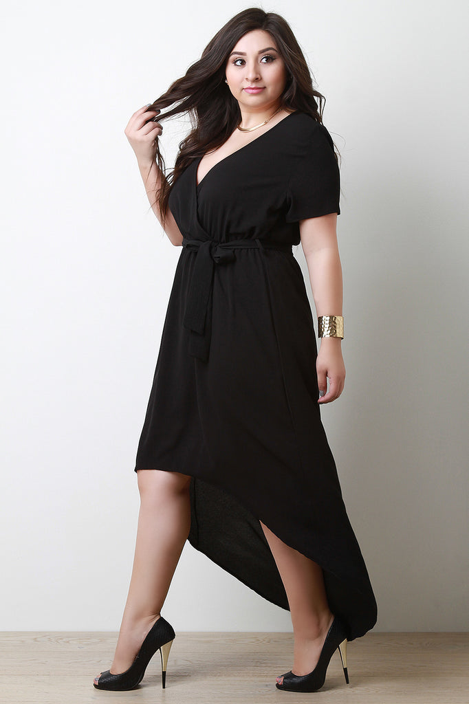 Surplice V-Neck Self-Tie High Low Maxi Dress