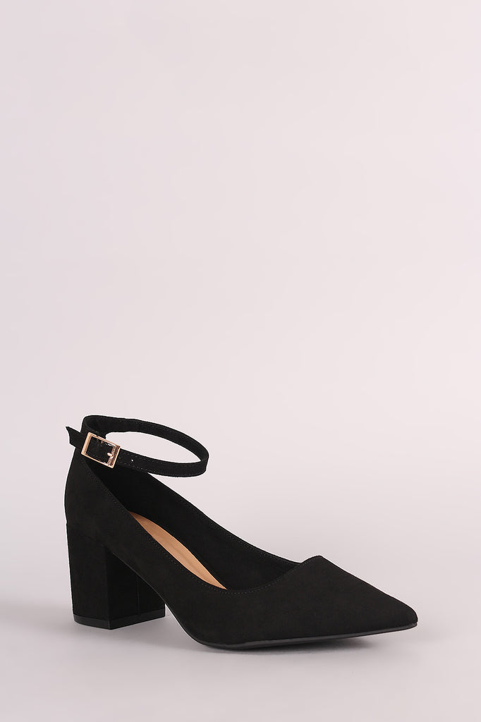 Bamboo Suede Pointy Toe Ankle Strap Block Heeled Pump
