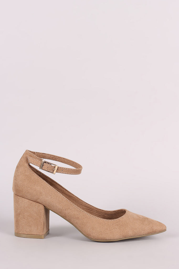 Bamboo Suede Pointy Toe Ankle Strap Block Heeled Pump