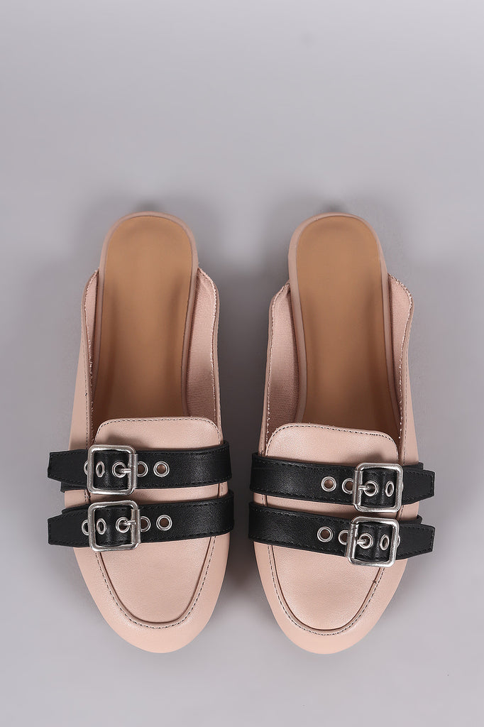 Bamboo Double Buckle Strap Mule Flat