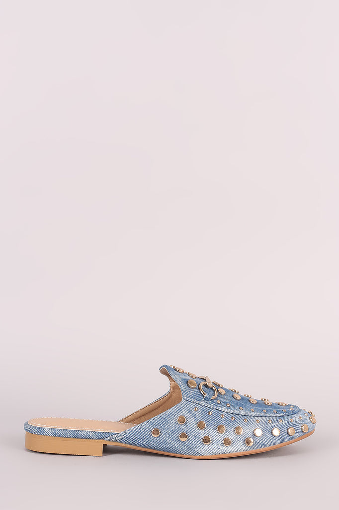 Denim Print Studded Horsebit Accent Slip On Loafer Mules