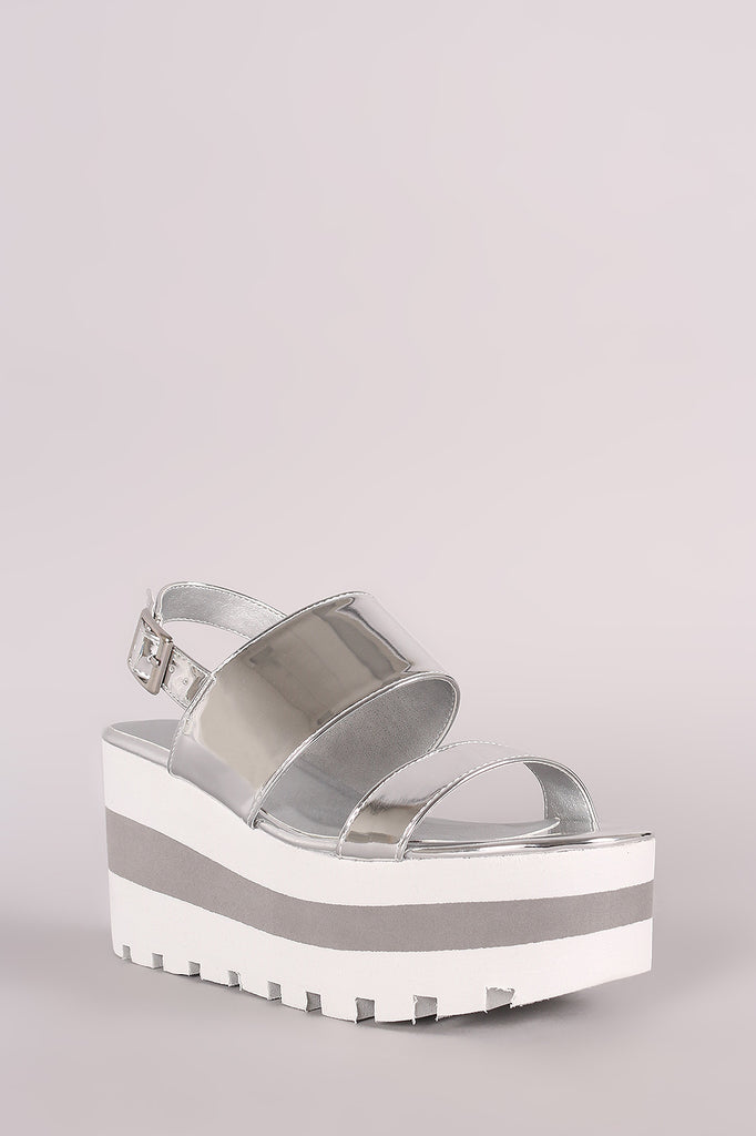 Qupid Metallic Double Band Lug Sole Slingback Striped Flatform Wedge