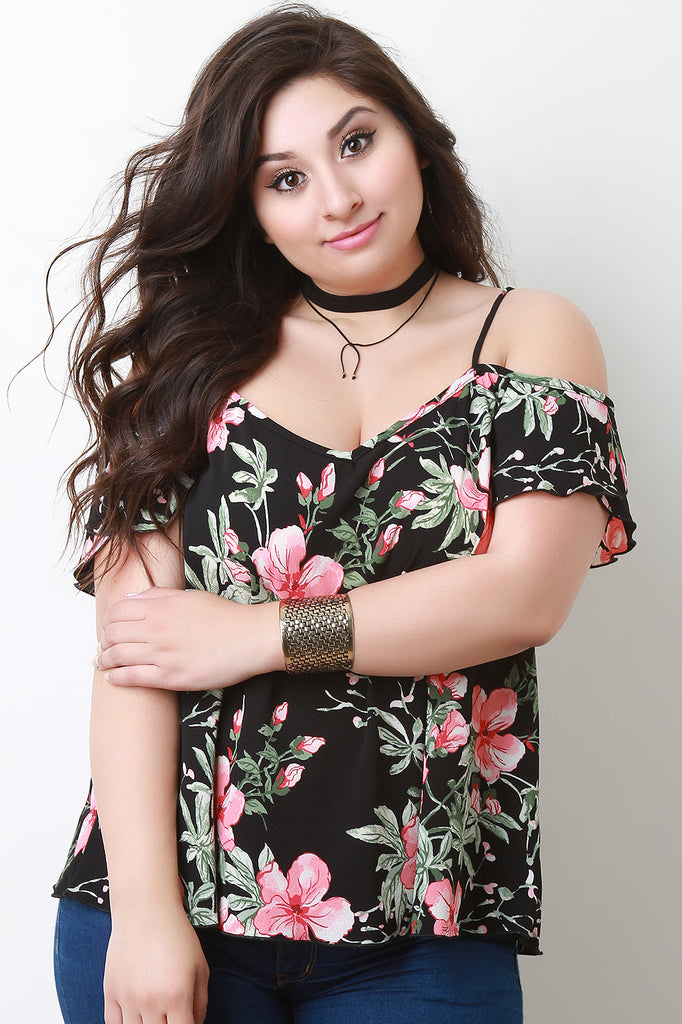 Textured Floral Cold Shoulder Short Ruffled Sleeve Top
