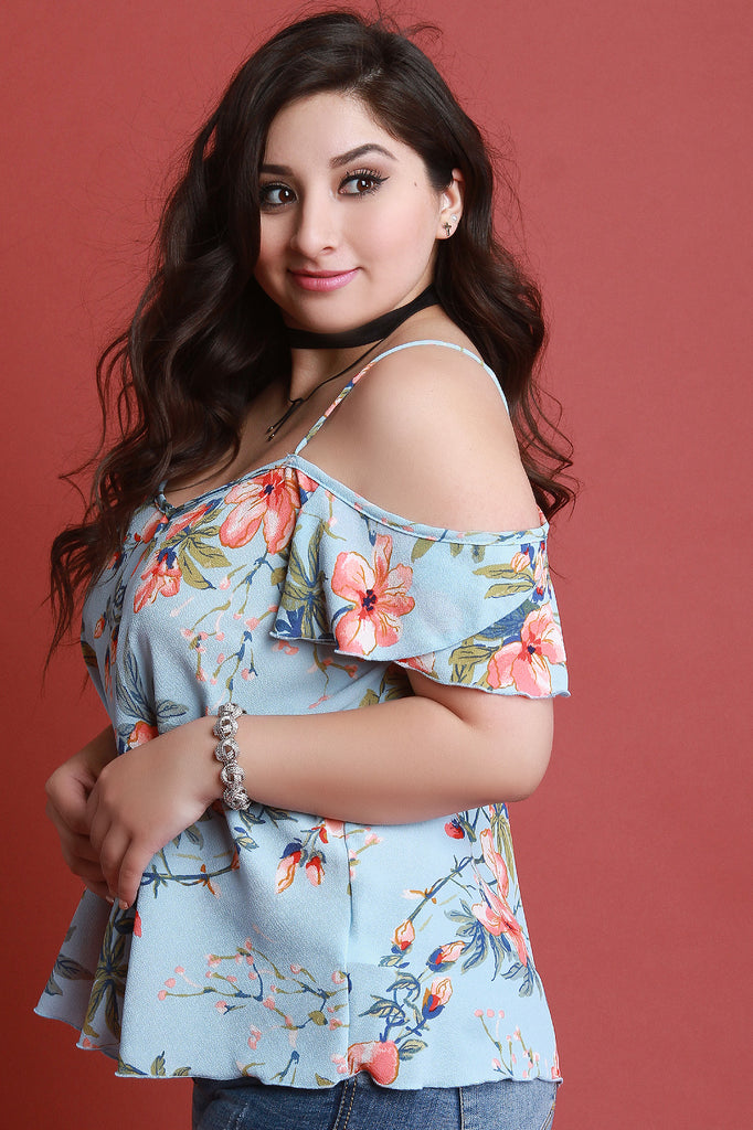 Textured Floral Cold Shoulder Short Ruffled Sleeve Top