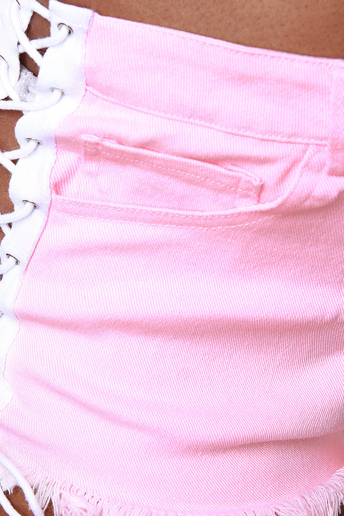 Frayed Lace-Up Mid Rise Denim Shorts