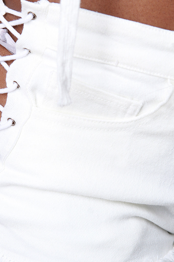 Frayed Lace-Up Mid Rise Denim Shorts
