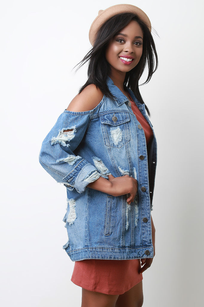 Cold Shoulder Distress Denim Jean Jacket