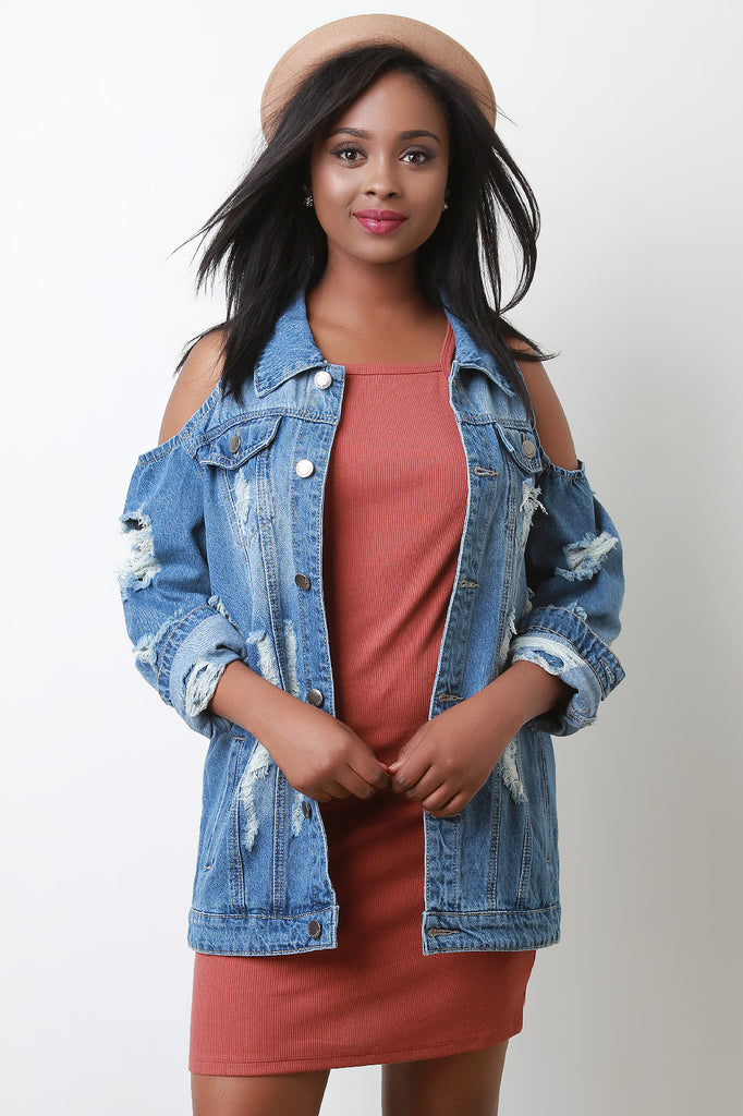Cold Shoulder Distress Denim Jean Jacket