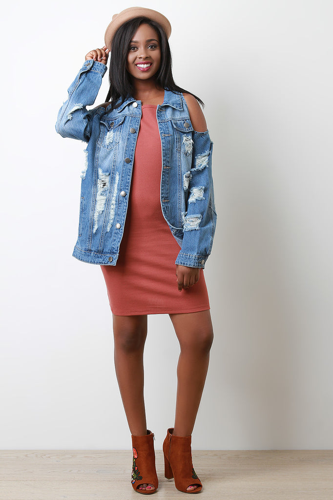 Cold Shoulder Distress Denim Jean Jacket