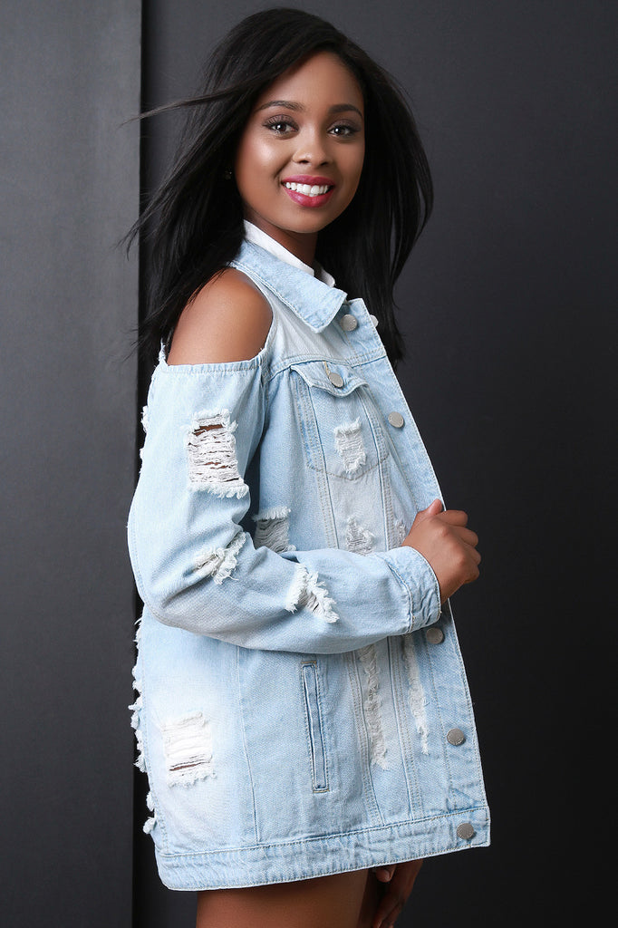 Cold Shoulder Distress Denim Jean Jacket