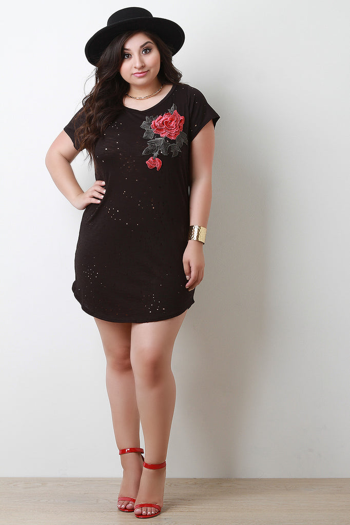 Floral Applique Distressed Short Sleeve Tee Dress