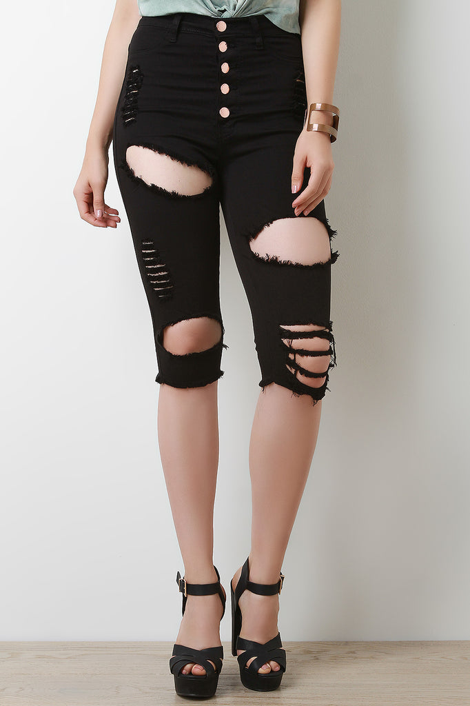 Distressed Five Button High Waisted Bermuda Denim Shorts