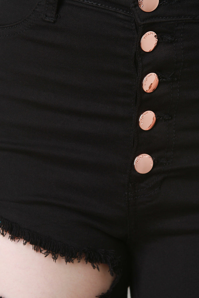 Distressed Five Button High Waisted Bermuda Denim Shorts