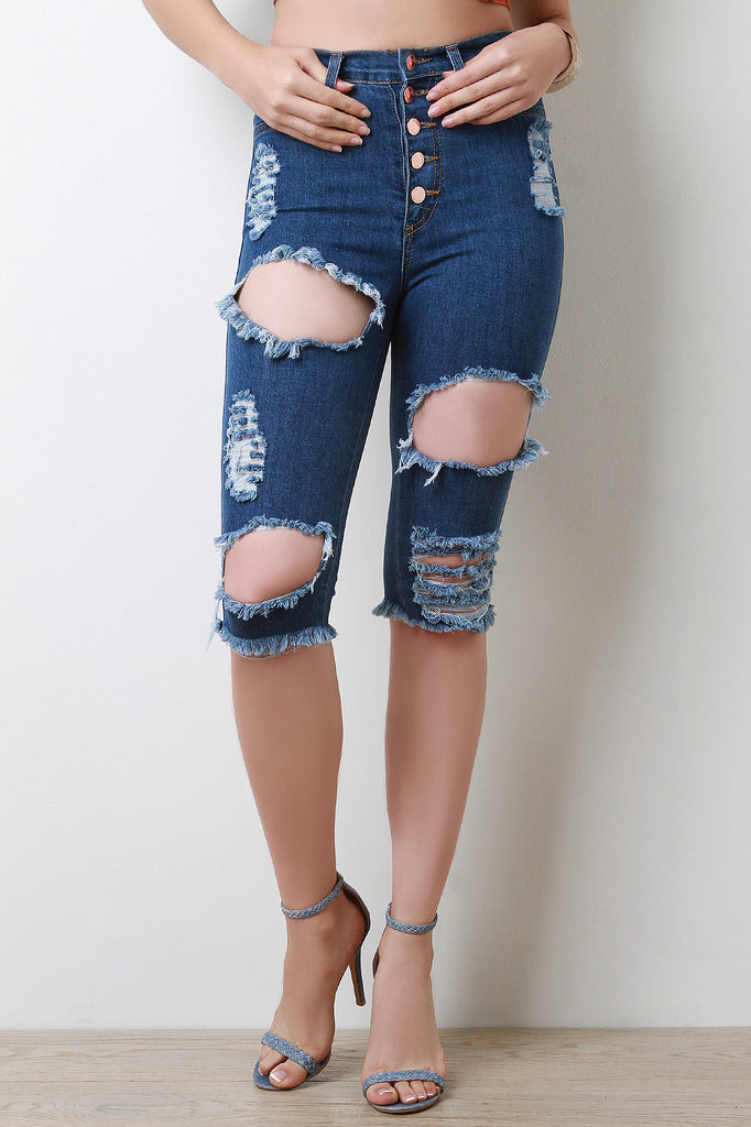 Distressed Five Button High Waisted Bermuda Denim Shorts