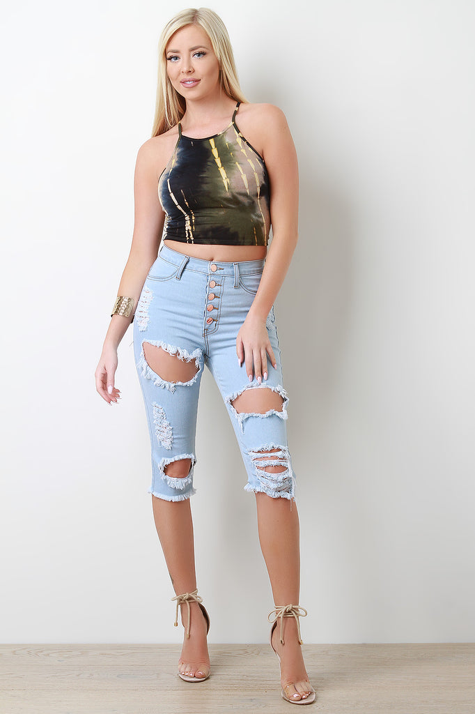 Distressed Five Button High Waisted Bermuda Denim Shorts