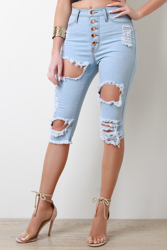 Distressed Five Button High Waisted Bermuda Denim Shorts