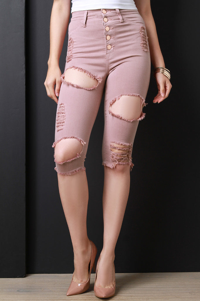 Distressed Five Button High Waisted Bermuda Denim Shorts