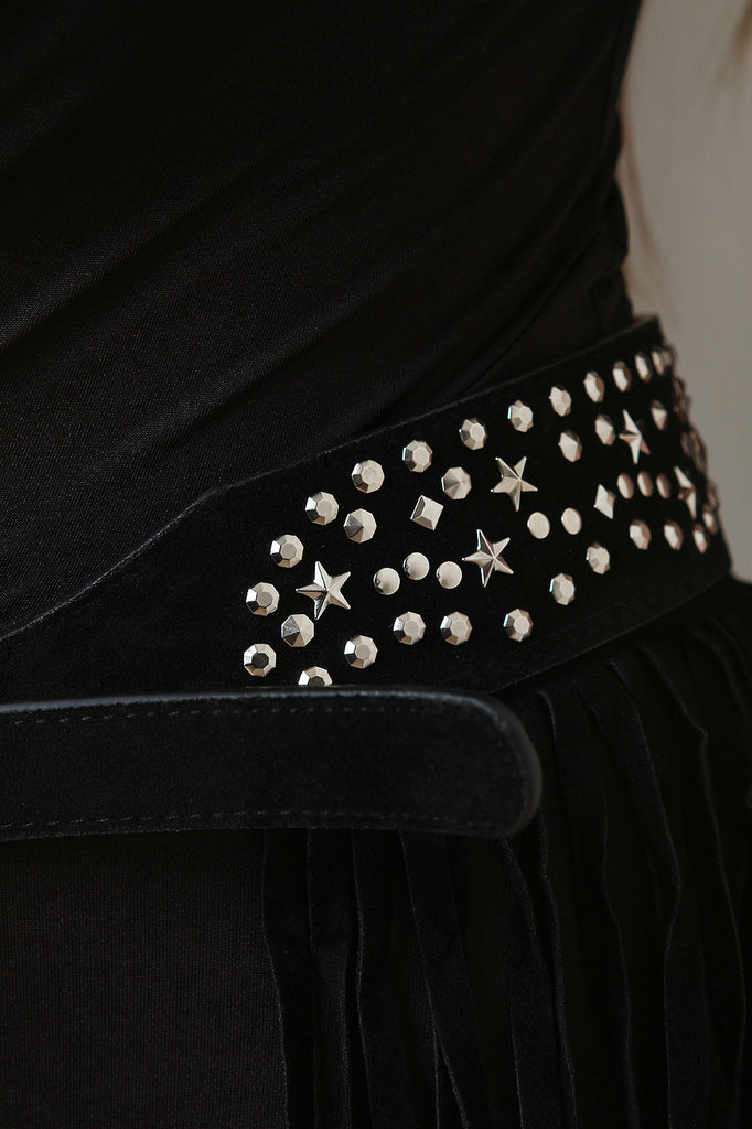 Star Studded Vegan Suede Fringed Belt