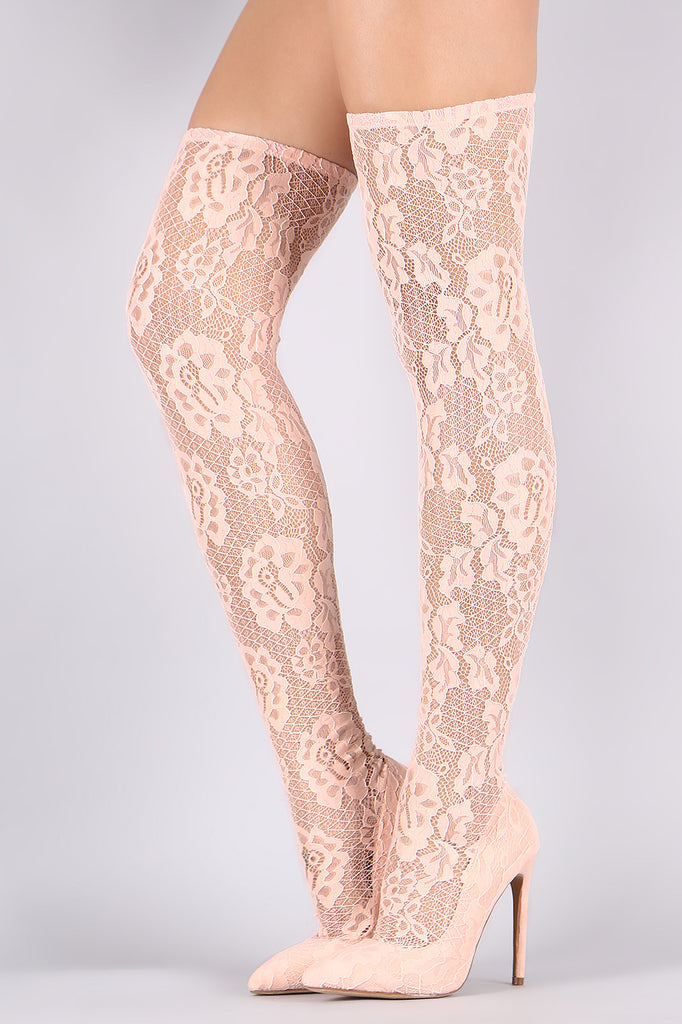 Liliana Floral Lace Pointy Toe Stiletto Over-The-Knee Boots