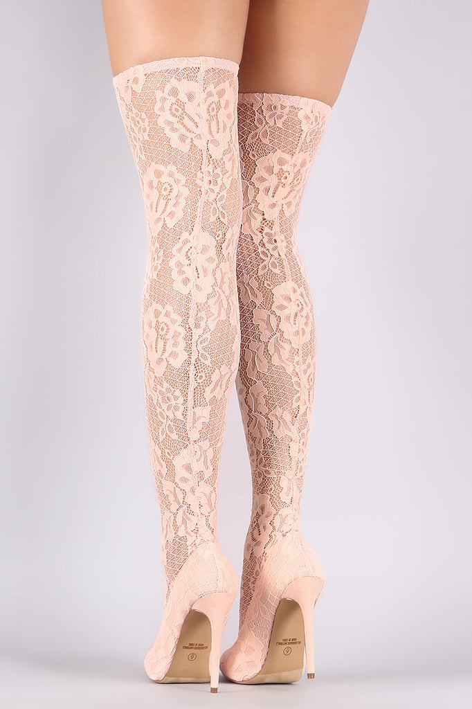 Liliana Floral Lace Pointy Toe Stiletto Over-The-Knee Boots