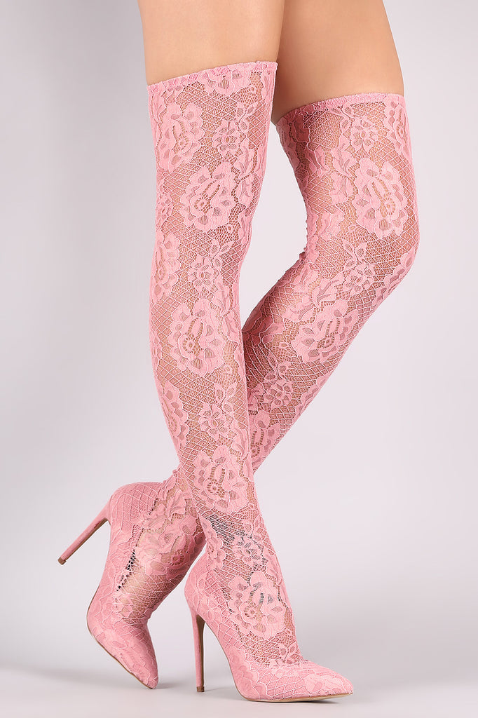 Liliana Floral Lace Pointy Toe Stiletto Over-The-Knee Boots